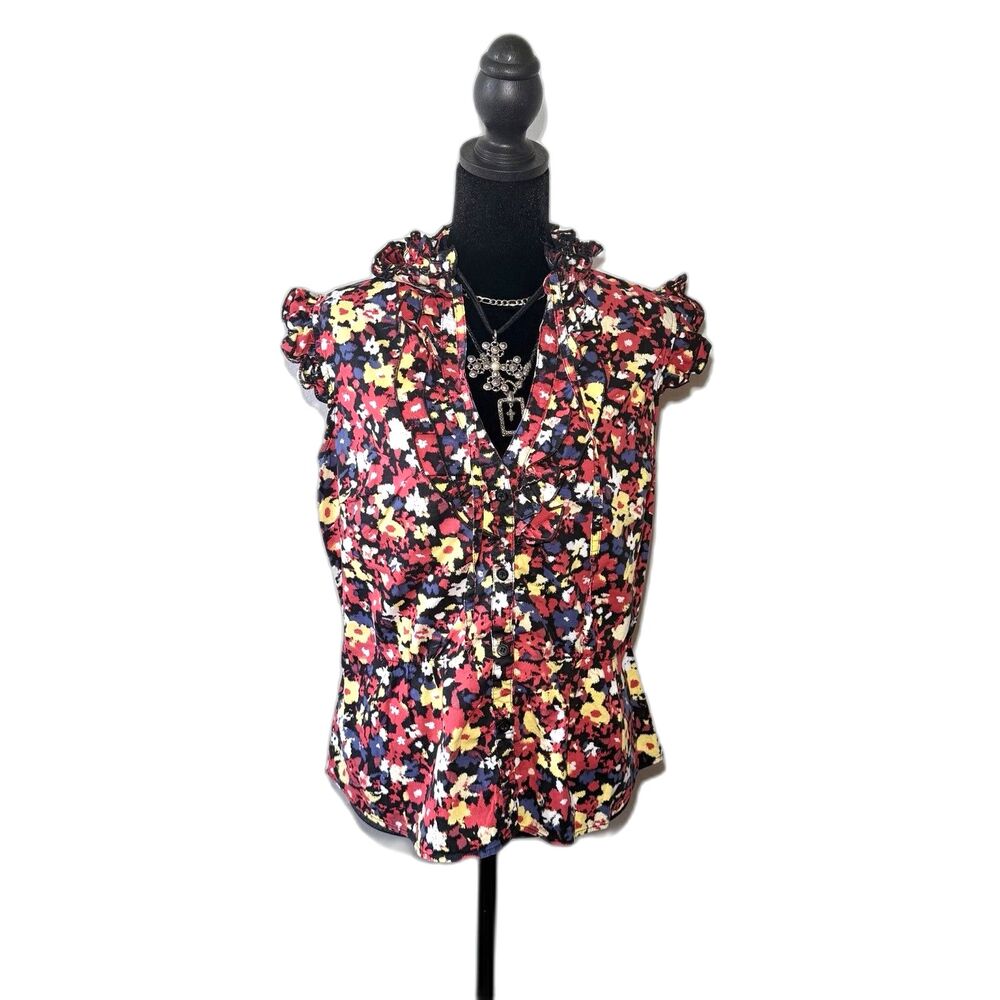 Susie Rose Floral Ruffle Blouse Sleeveless Button Down Women’s Top Size L